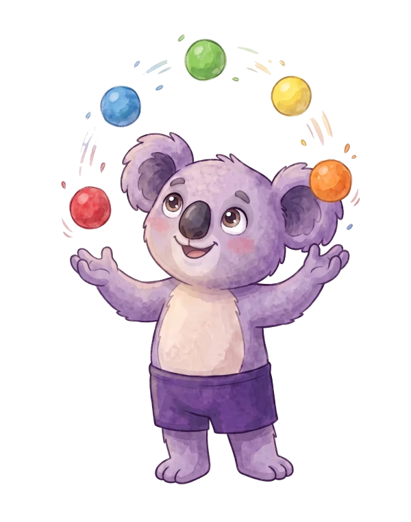 Koala juggling five colored balls